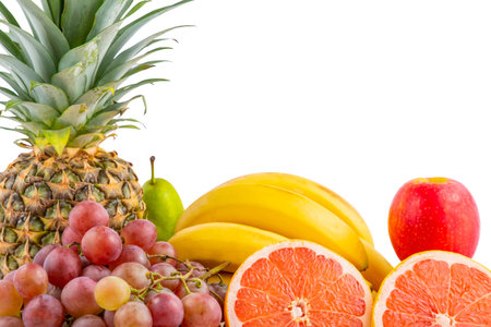 Group vegetables and Fruits Apples, grapes, oranges, and bananas in the wooden basket with carrots,...
