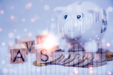 White Piggy bank and wood word save money in the future for family background, Saving ideas  and investment budget, Business saving money concept, Copy spaceの写真素材