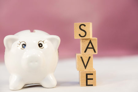 White Piggy bank and wood word save money in the future for family background, Saving ideas  and...