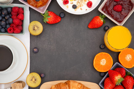 Dessert, Donuts, chocolate and strawberry circles, sugar and cream on Donuts and hot coffee cups,...