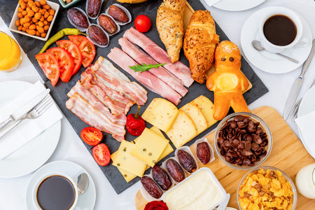 Breakfast on the table. Croissant bread, Croissant cereal, Bacon, ham, cheese, lettuce, beans, corn...