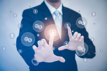 Businessman touch money icon in the graph Screen of a media screen, Technology Process System...