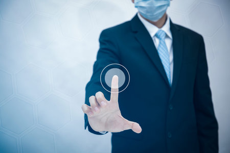 Businessman Touching in graph Screen Icon of a media screen, Technology Process System Business...