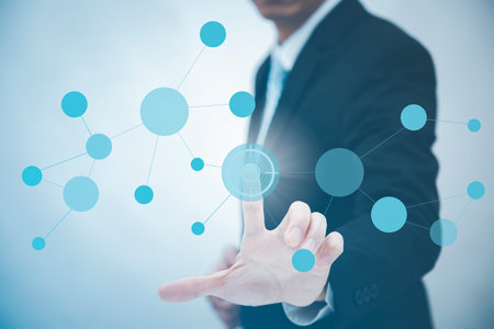 Businessman touchscreen on the graph Screen Icon of a media screen, Technology Process System...