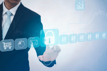 Businessman Touching in graph Screen Icon of a media screen, Technology Process System Business...