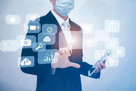 Businessman touching Big data Cloud and business intelligence with chart and graph icons, Team...
