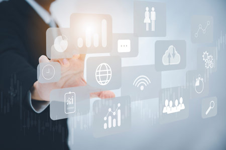 Businessman touching Big data Cloud and business intelligence with chart and graph icons, Team...