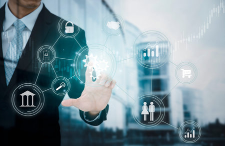 Businessman touching Big data Cloud and business intelligence with chart and graph icons, Team...