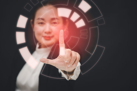 Businesswoman Touching in graph Screen Icon of media screen,Technology Process System Business...