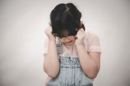 Little child wear glasses Has feelings unhappy and Scared and shocked with something  on isolated...