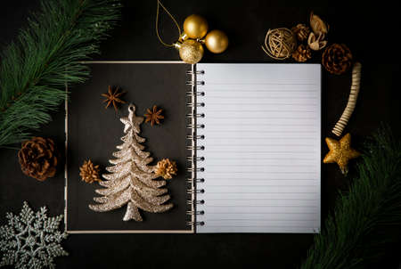 Holiday Christmas frame card and vintage blank open book notes on the dark table, empty copy space for text of Merry Christmas and happy New Year,  Top viewの写真素材