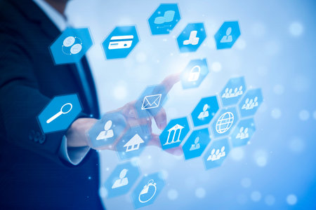 Businessman touching Big data Cloud and business intelligence with chart and graph icons, Team...