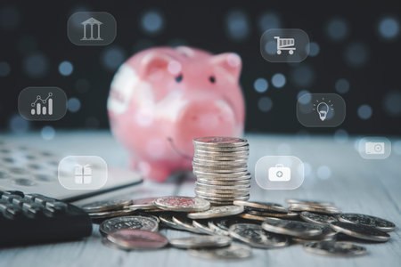 Coins stack and pink piggy with icon business connect on black background, Money spending planning,...