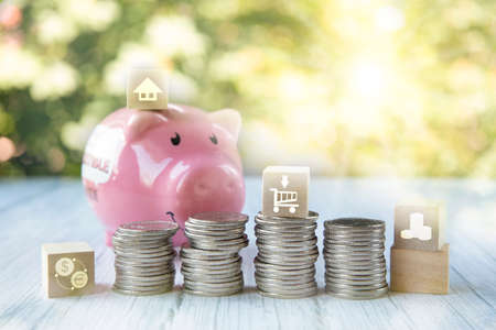 Coins stack and pink piggy with icon business connect on nature background, Money spending planning, plant growing up on coins and investment budget, business finance and saving money investment.の写真素材