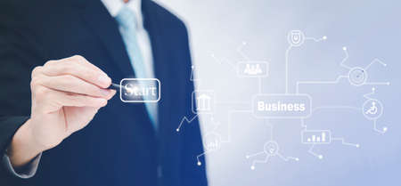 Businessman using pen touch START in graph Screen Icon of a media screen, Technology Process System Business, success and teamwork,artificial intelligence technology, innovation and futuristic conceptの写真素材