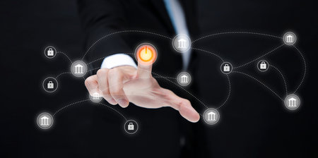 Unlocking the business investment concept, businessman touching Start icon for unlinking bank...