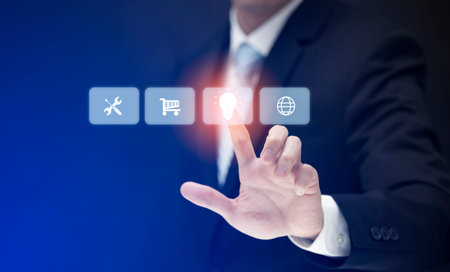 Businessman touching light bulb icon and Big data analytics visualization technology with chart and...