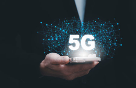 Business Pressing on smart phone technology 5G of mobile telecommunication network in Europe for...