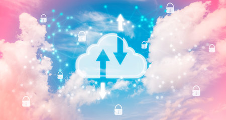 data storage technology concepts. Clouds and cloud icons that are currently downloading and uploading data, networking and digital, Share global and technology,の写真素材