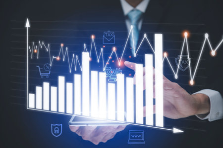 Businessman holding tablet bar graph of analytics and financial, Changes in new planning, Business...