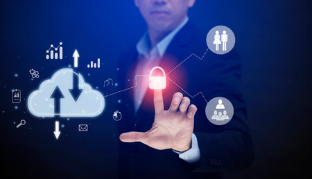Businessman touching key connect to data information on the cloud icon with people and computing...