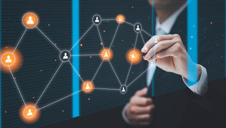 businessman touching digital graph withHR Human ,people icon on the graph Screen of a media screen, Technology Process System Business with Recruitment, Hiring, Team Building.の写真素材