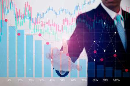 businessman hand touch line virtual chart business on touch screen computer with growing, rising...