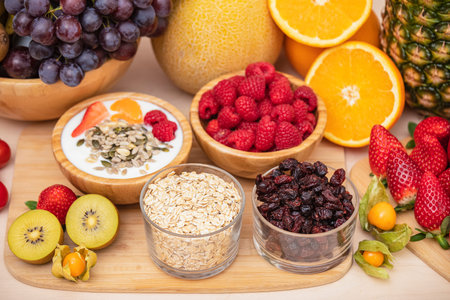Group Fruits mixed with banana, orange, strawberry and nuts, concept health food and diet,...