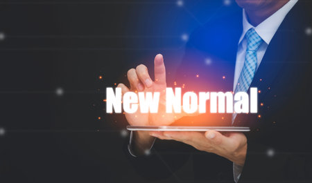 New normal include business concept, Businessman touching new normal working with tablet and icon...