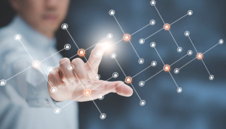 Businessman touchscreen on the graph Screen Icon of a media screen, Technology Process System...