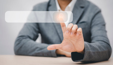 Business touch Search box of Data Search Technology Search Engine Optimization. man's hands are using a computer notebook to Searching for information. Using Search Console with your website.の写真素材