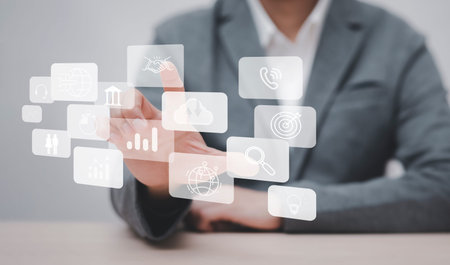 Businessman touchscreen on the graph Screen Icon of a media screen, Technology Process System Business with Communication and marketing concept, Team success, HR Human, Business successの写真素材