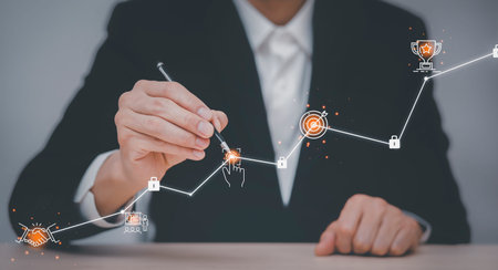 Teamwork And success concept, Businessman use pen touch on the graph Screen Icon of a media screen,...