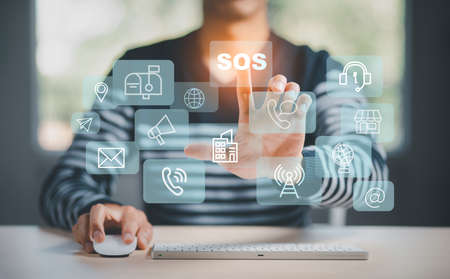 SOS Disabled App of emergency call concept, Man pressing graph emergency sos icon, emergency communication, medical assistance help, online help system, assistance services medical call center.の写真素材