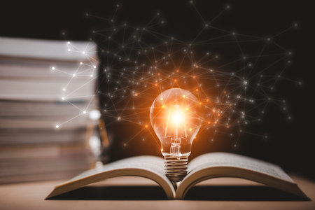 Thinking and creative concept, Light bulb on the Book and light bulb style bokeh vintage dark...