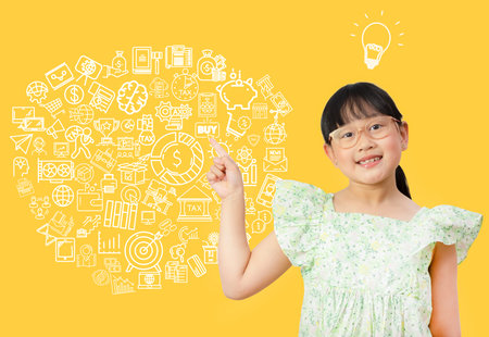 Thinking and creative concept, Asian girl and light bulb  in graph Screen Icon of a media screen, Technology Process System Business, E-learning Education Internet Technology conceptの写真素材