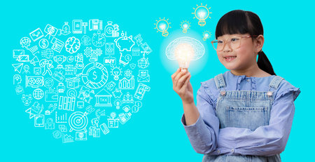 Thinking and creative concept, Asian girl holding the light bulb  in graph Screen Icon of a media...