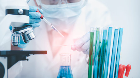 biochemical research scientist working with microscope for , laboratory glassware containing...
