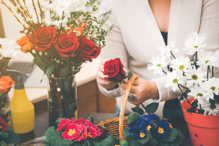 Online home flower arrangement concept, Woman Preparing to trim red and pink roses and beautiful flower arrangements in the home, flower arrangements with vase for gift-giving for Valentine's Dayの写真素材