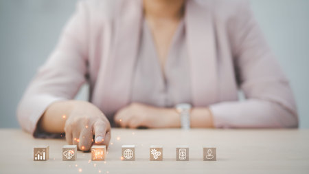 Start success business new year beginning business successful, woman Hand touch wood cubes of...