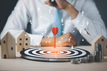 Targeting the business concept, Businessman touch red arrow dart to the virtual target dartboard,...