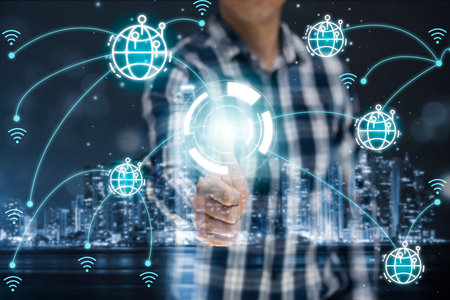 businessman touch graph line arrow with world icon on the graph stock market in graph Screen Icon of a media screen,Technology Process System Business with Investment and stock market conceptの写真素材