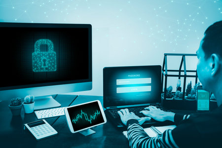 Man Hacker is using a hand typing keyboard and Screen code of a media screen on the White background,Technology Process System Business and hacks online concept, Copy spaceの写真素材