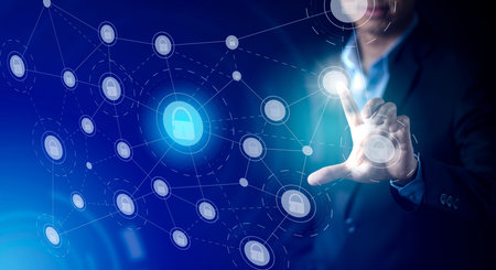 Businessman touchscreen on the graph Screen Icon of a media screen, Technology Process System Business with Communication and marketing concept, Team success, HR Human, Business successの写真素材