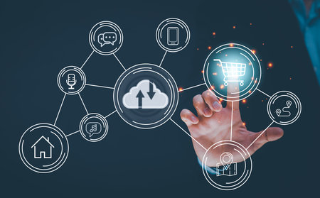 Man touching a cloud networking concept and touch screen with hand connection line on the black...