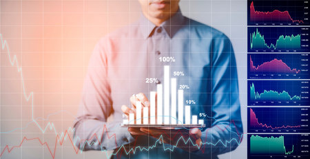 Businessman touchscreen line of Stock market or forex trading graph and candlestick chart suitable for financial investment concept,Economy trends background for business idea and all art work design.の写真素材