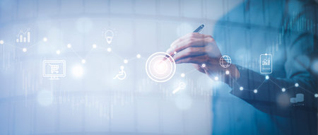 Businessman pen touch key connect to data information on the cloud icon with people and computing...