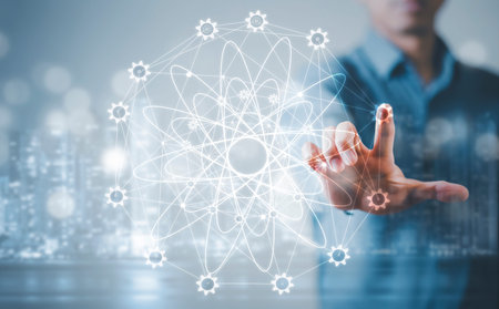 Double exposure of Businessman touchscreen on the graph Screen Icon of a media screen, Technology Process System Business with Communication and marketing concept.の写真素材