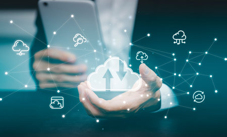 Man holding a cloud networking concept and touch screen with hand connection line on the black...