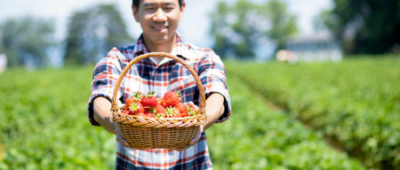 Asian man is picking strawberry in the fruit garden on a sunny day. Fresh ripe organic strawberries...